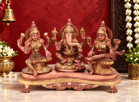 Brassaura® Antique Dual-Tone Lakshmi Ganesha Saraswati Idol Set with Ornamental Base | Pure Superfine Brass Handcrafted Murti | Brass Statue for Home Temple, Pooja Room | Height 6.1 Inches | Weight 3 Kgs