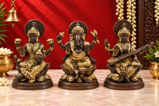 Brassaura® GLS Lakshmi Ganesha Saraswati Idol Set with Hand-Carved Detailing | Pure Superfine Brass Handcrafted Murti | Brass Statue for Home Temple, Pooja Room | Height 6 Inches | Weight 2.49 Kgs