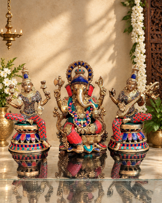 Brassaura® Ganesha Lakshmi Saraswati Idol Set | Pure Superfine Brass Handcrafted Murti | Brass Statue for Home Temple, Pooja Room | Height 12 Inches | Weight 20 Kgs
