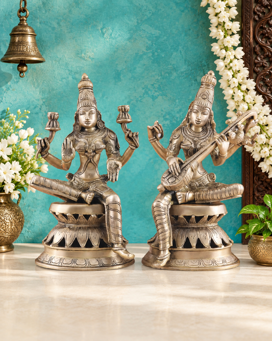 Brassaura® Lakshmi Saraswati Idol | Pure Superfine Brass Handcrafted Murti | Brass Statue for Home Temple, Pooja Room | Height 12 Inches | Weight 9 Kgs