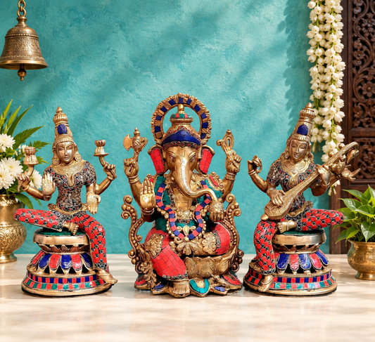 Brassaura® Lakshmi Ganesha Saraswati Idol Set with Gemstone Accents | Pure Superfine Brass Handcrafted Murti | Brass Statue for Home Temple, Pooja Room | Height 12 Inches | Weight 20 Kgs