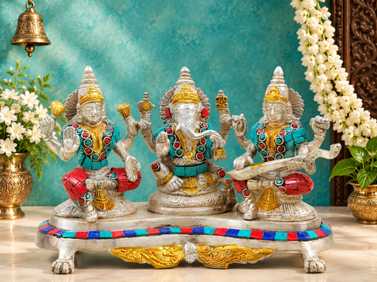Brassaura® Lakshmi Ganesha Saraswati Idol Set with Intricate Inlay Work | Pure Superfine Brass Handcrafted Murti | Brass Statue for Home Temple, Pooja Room | Height 6 Inches | Weight 3.1 Kgs