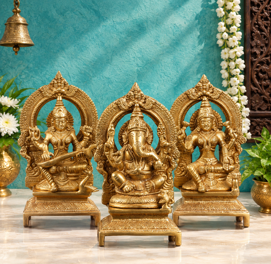 Brassaura® Antique Lakshmi Ganesha Saraswati Murti Set | Pure Superfine Brass Handcrafted Murti | Brass Statue for Home Temple, Pooja Room | Height 7 Inches | Weight 4.5 Kgs