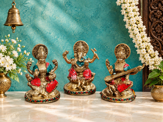 Brassaura® Lakshmi Ganesha Saraswati Idol Set with Gemstone Work | Pure Superfine Brass Handcrafted Murti | Brass Statue for Home Temple, Pooja Room | Height 5 Inches | Weight 3 Kgs