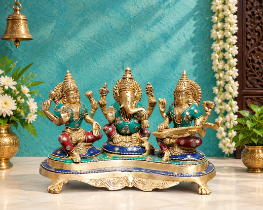 Brassaura® Lakshmi Ganesha Saraswati Idol with Intricate Gemstone Inlay | Pure Superfine Brass Handcrafted Murti | Brass Statue for Home Temple, Pooja Room | Height 6.5 Inches | Weight 3 Kgs