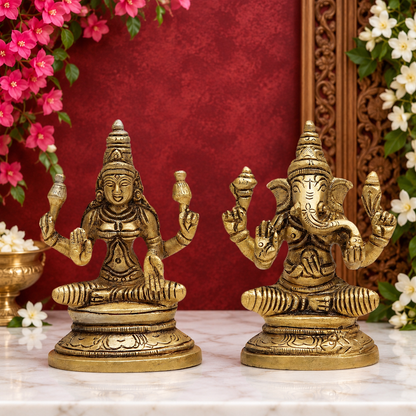 Brassaura® Antique Brass Lakshmi Ganesha Idol Pair with Traditional Detailing | Pure Superfine Brass Handcrafted Murti | Brass Statue for Home Temple, Pooja Room | Height 3.5 Inches | Weight 0.6 Kgs