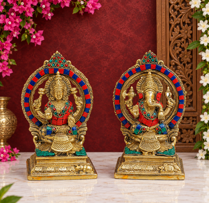 Brassaura® Antique Brass Lakshmi Ganesha Idol Pair with Color Stone Inlay & Traditional Detailing | Pure Superfine Brass Handcrafted Murti | Brass Statue for Home Temple, Pooja Room | Height 7 Inches | Weight 3.2 Kgs