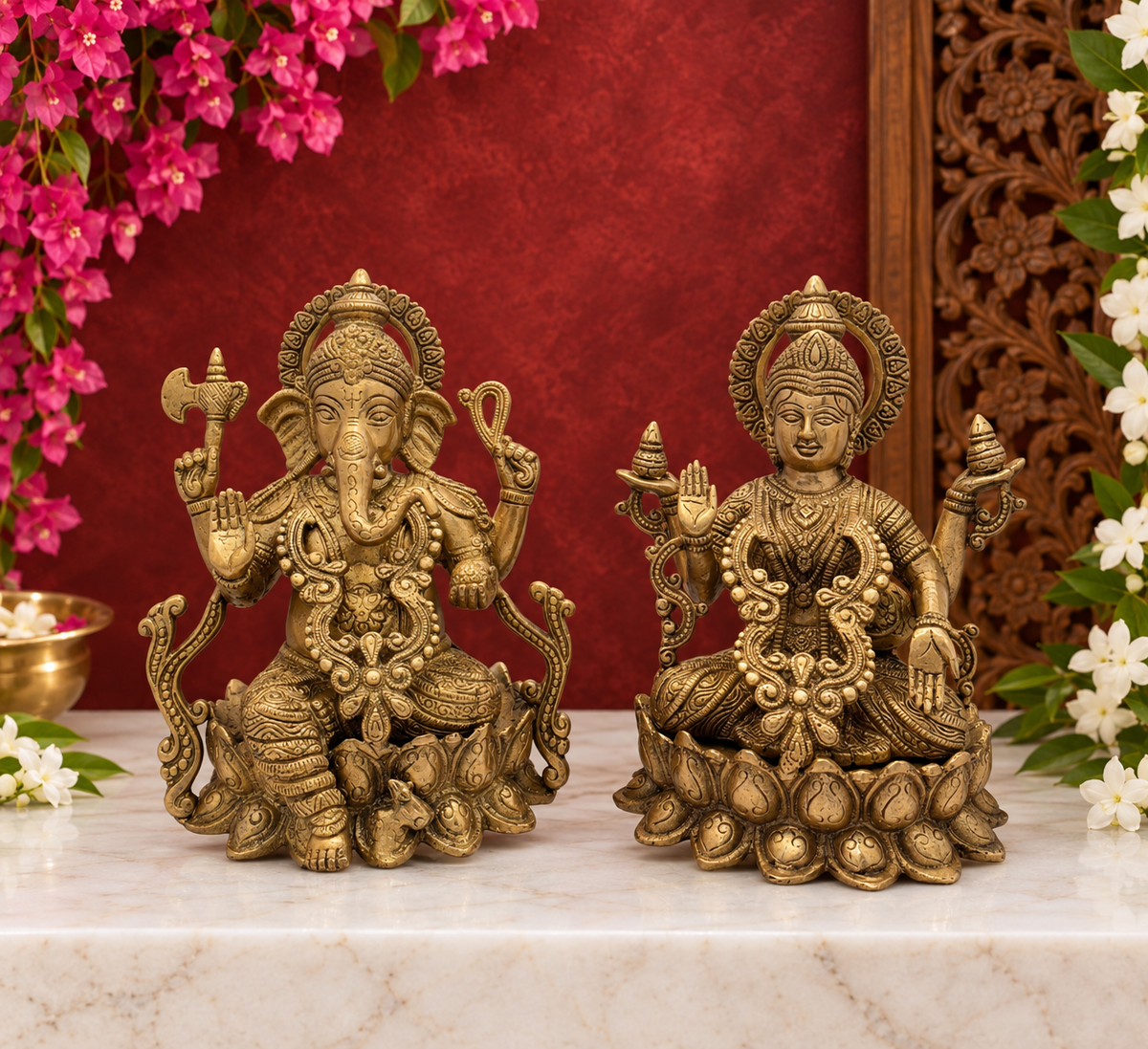 Brassaura® Lakshmi Ganesha Statue with Traditional Brass Detailing | Pure Superfine Brass Handcrafted Murti | Brass Statue for Home Temple, Pooja Room | Height 10.8 Inches | Weight 8.7 Kgs