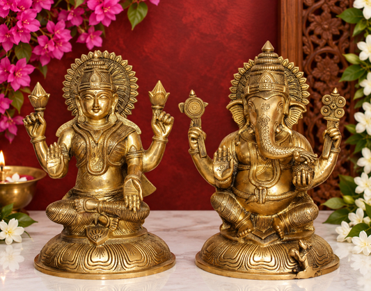 Brassaura® Lakshmi Ganesha Idol Set | Pure Superfine Brass Handcrafted Murti | Brass Statue for Home Temple, Pooja Room | Height 14 Inches | Weight 15.6 Kgs