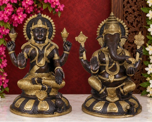 Brassaura® Lakshmi Ganesha Idol Set | Pure Superfine Brass Handcrafted Murti | Brass Statue for Home Temple, Pooja Room | Height 14 Inches | Weight 15.6 Kgs