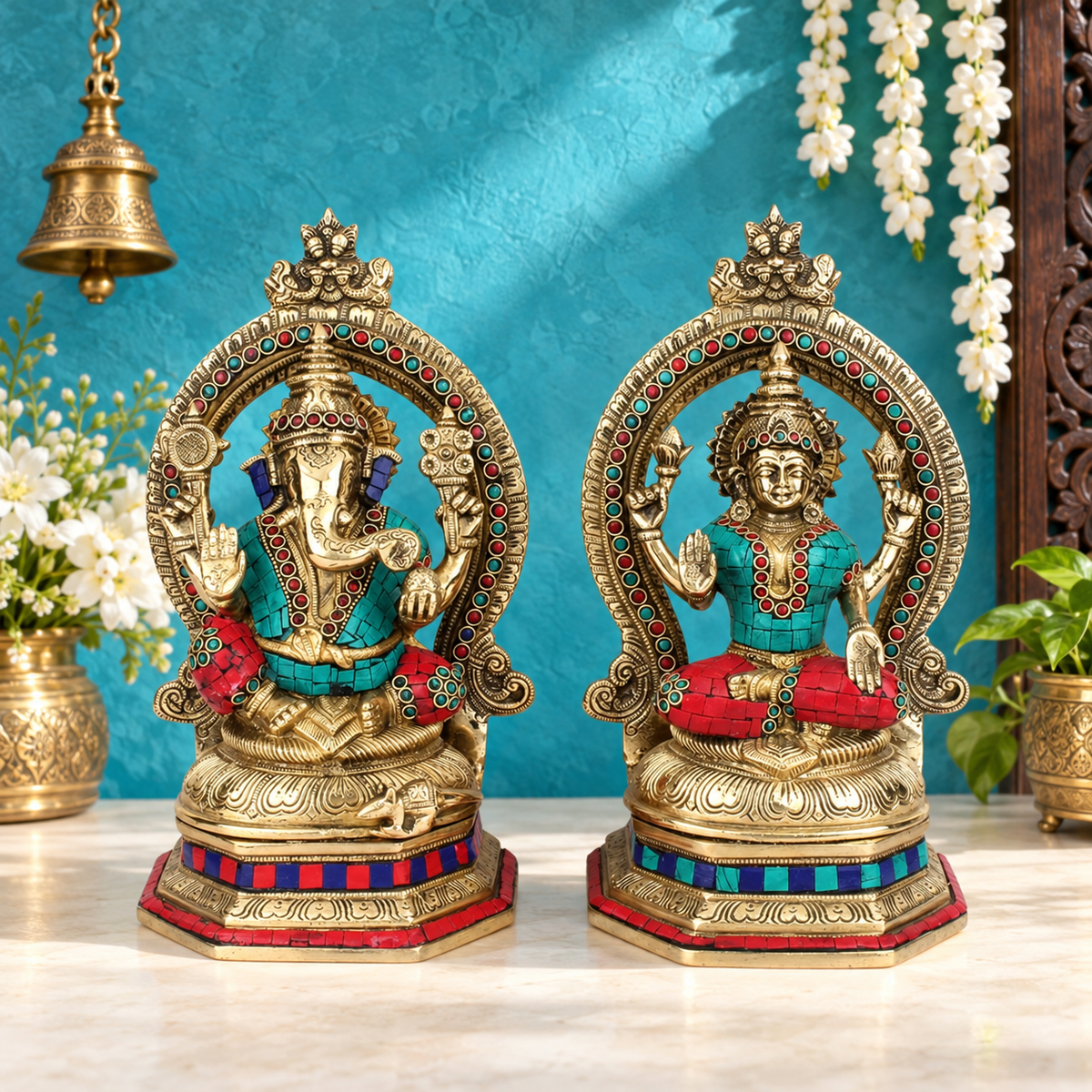 Brassaura® Lakshmi Ganesha Gemstone Brass Idol Set | Premium Hand|Weight: 8.4 Kgs