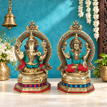 Brassaura® Lakshmi Ganesha Gemstone Brass Idol Set | Premium Hand|Weight: 8.4 Kgs