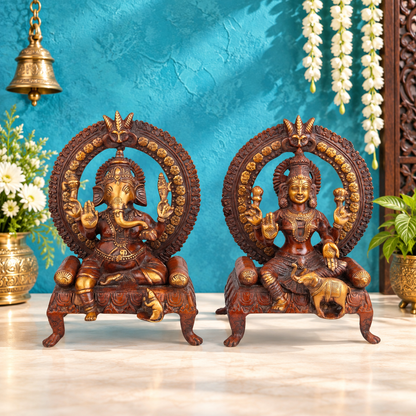 Brassaura® Antique Finish Lakshmi Ganesha Brass Idol Set | Traditional Handmade Divine Murti Pair | Height 15 Inches|Weight: 16 Kgs