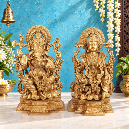 Brassaura® Royal Lakshmi Ganesha Brass Idol Set | Grand Handmade Divine Murti Pair | Height 22 Inches|Weight: 38 Kgs