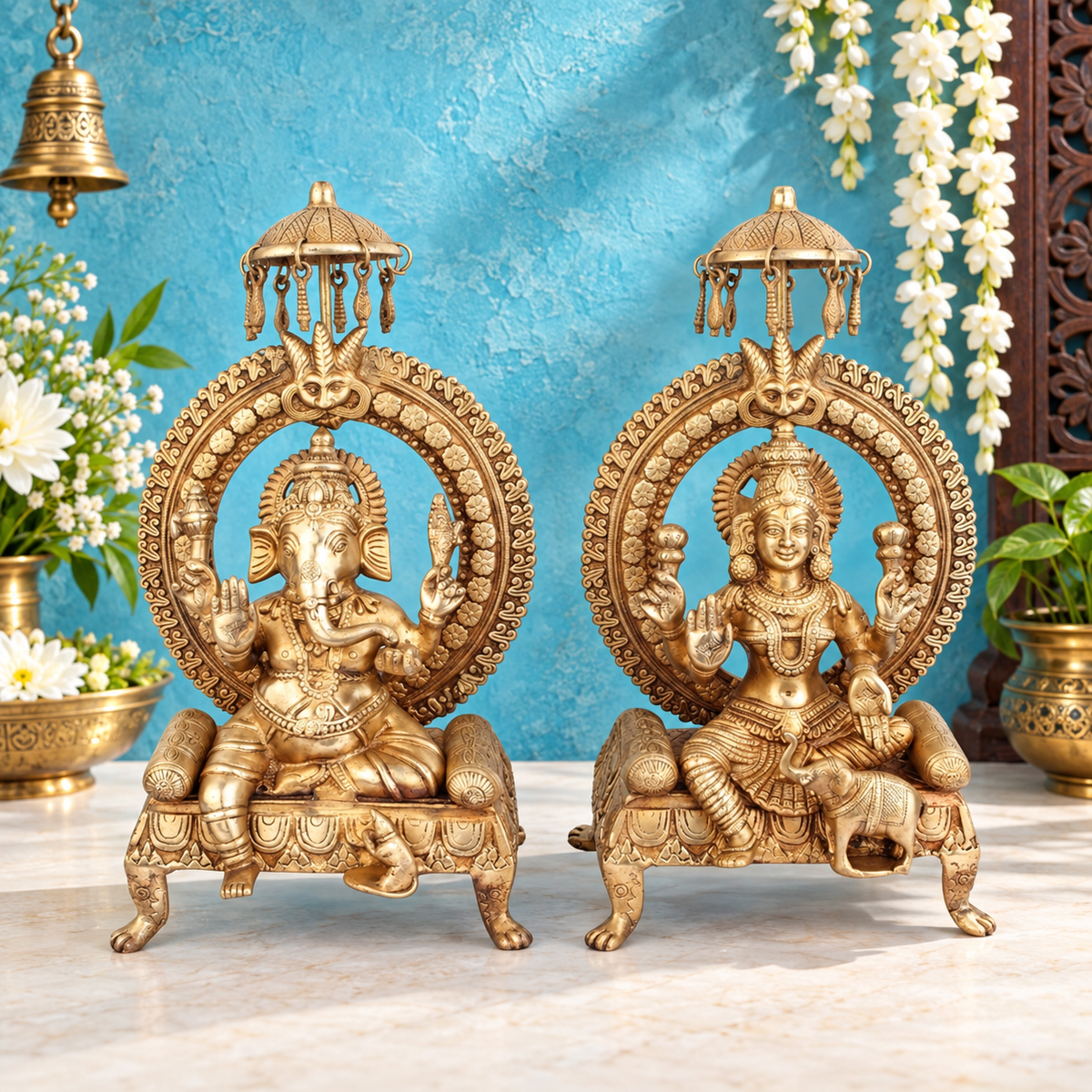 Brassaura® Lakshmi Ganesha Brass Idol Set | Royal Handmade Divine Murti Pair | Height 18 Inches|Weight: 17 Kgs