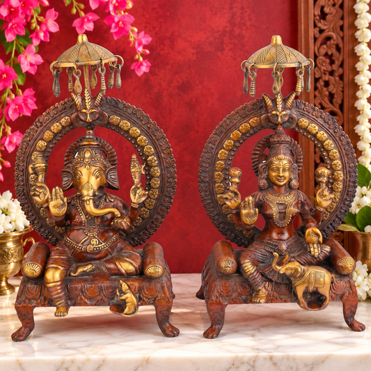 Brassaura® Majestic Antique Lakshmi Ganesha Idol Set with Royal Thrones & Intricate Carving | Pure Superfine Brass Handcrafted Murti | Brass Statue for Home Temple, Pooja Room | Height 18 Inches | Weight 17 Kgs