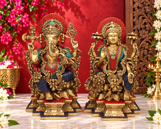 Brassaura® Grand Antique Lakshmi Ganesha Idol Set with Decorative Gemstone-Style Artwork & Ornamental Pedestals | Pure Superfine Brass Handcrafted Murti | Brass Statue for Home Temple, Pooja Room | Height 19 Inches | Weight 38 Kgs