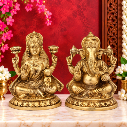 Brassaura® Antique Golden Lakshmi Ganesha Idol Set with Traditional Detailing | Pure Superfine Brass Handcrafted Murti | Brass Statue for Home Temple, Pooja Room | Height 8 Inches | Weight 5 Kgs
