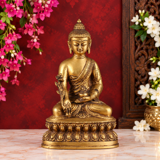 Brassaura® Buddha Sitting with Lotus Flower and Ornate Lotus Base in Antique Gold Finish | Pure Superfine Brass Handcrafted Murti | Brass Statue for Home Temple, Pooja Room | Height 7 Inches | Weight 1.3 Kgs