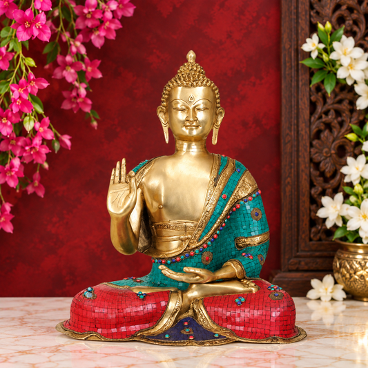 Brassaura® Buddha Sitting in Blessing Mudra Idol with Gem Stone Work Finish | Pure Superfine Brass Handcrafted Murti | Brass Statue for Home Temple, Pooja Room | Height 28 Inches | Weight 32 Kgs