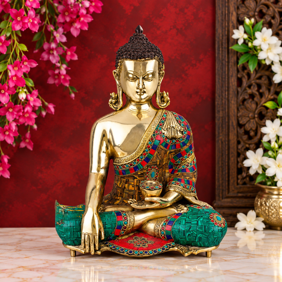 Brassaura® Buddha Bhumisparsha Mudra Sitting Idol with Gem Stone Work Finish | Pure Superfine Brass Handcrafted Murti | Brass Statue for Home Temple, Pooja Room | Height 16 Inches | Weight 10.5 Kgs