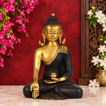 Brassaura® Buddha Bhumisparsha Mudra Sitting Idol with Antique Black & Gold Finish | Pure Superfine Brass Handcrafted Murti | Brass Statue for Home Temple, Pooja Room | Height 8 Inches | Weight 2.3 Kgs
