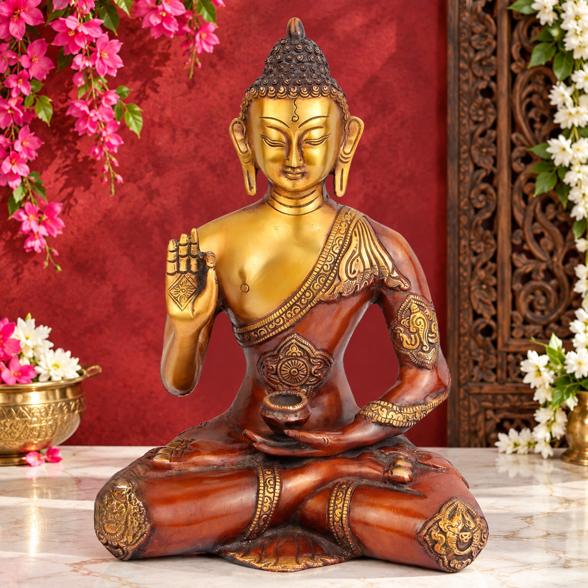 Brassaura® Buddha Sitting in Blessing Mudra Idol with Vintage Finish | Pure Superfine Brass Handcrafted Murti | Brass Statue for Home Temple, Pooja Room | Height 13 Inches | Weight 4.5 Kgs