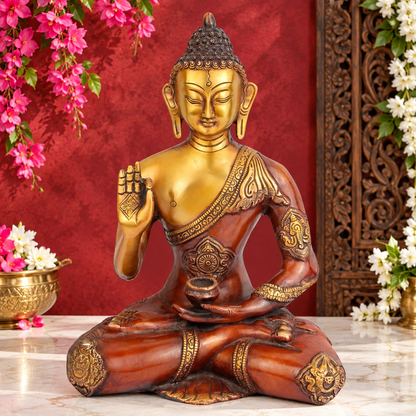 Brassaura® Buddha Sitting in Blessing Mudra Idol with Vintage Finish | Pure Superfine Brass Handcrafted Murti | Brass Statue for Home Temple, Pooja Room | Height 13 Inches | Weight 4.5 Kgs