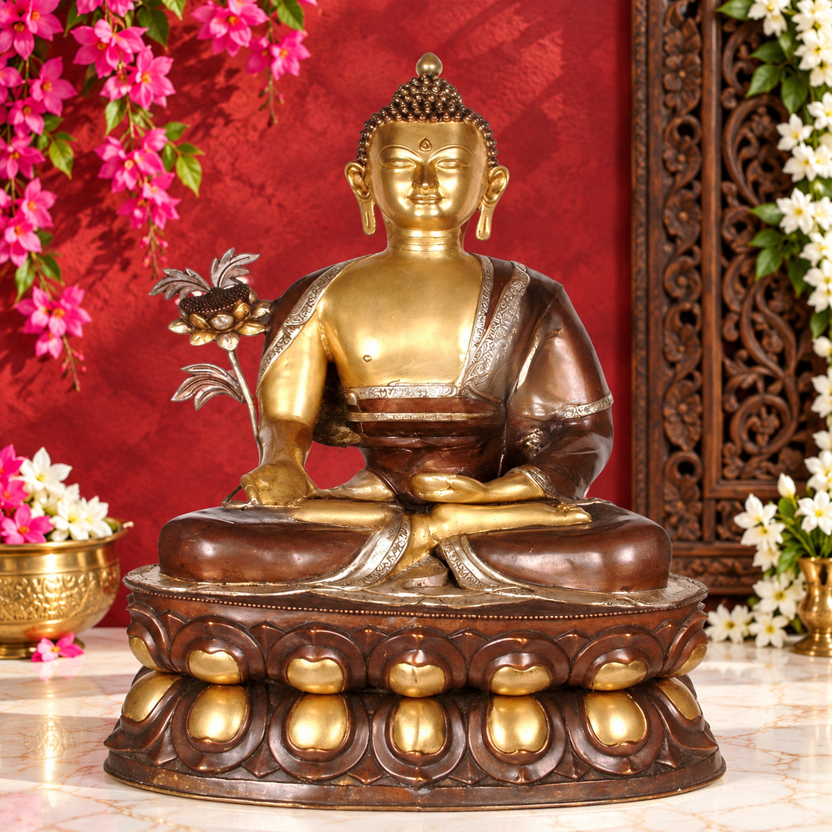 पीतल की भूमिस्पर्श बुद्ध मूर्ति, वज़न 49 किग्रा और ऊँचाई 38.4 इंच