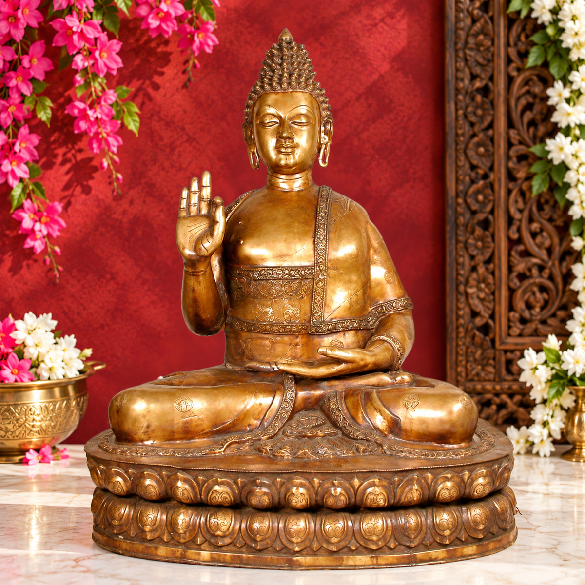 पीतल की आशीर्वाद मुद्रा में बुद्ध, वज़न 215 किग्रा और ऊँचाई 60 इंच