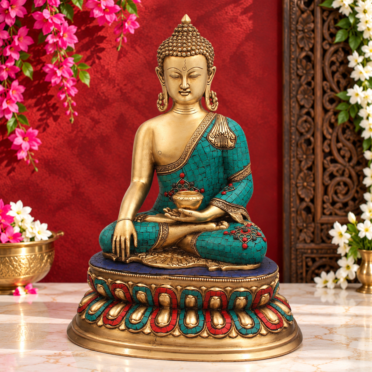 पीतल की प्राचीन रत्न जड़ित बुद्ध मूर्ति, वज़न 18 किग्रा और ऊँचाई 22 इंच