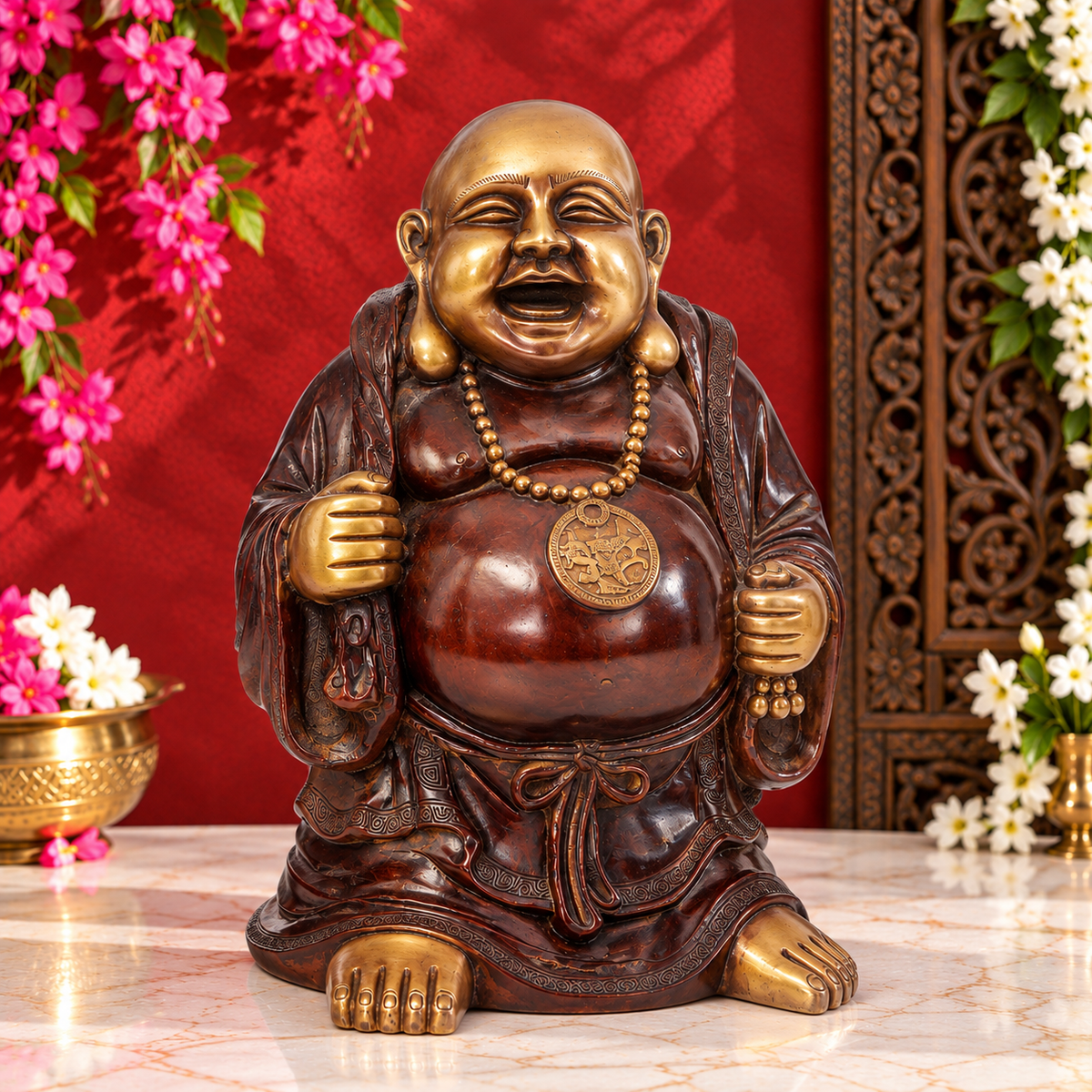 पीतल के लाफिंग बुद्धा, वज़न 21 किग्रा और ऊंचाई 20 इंच