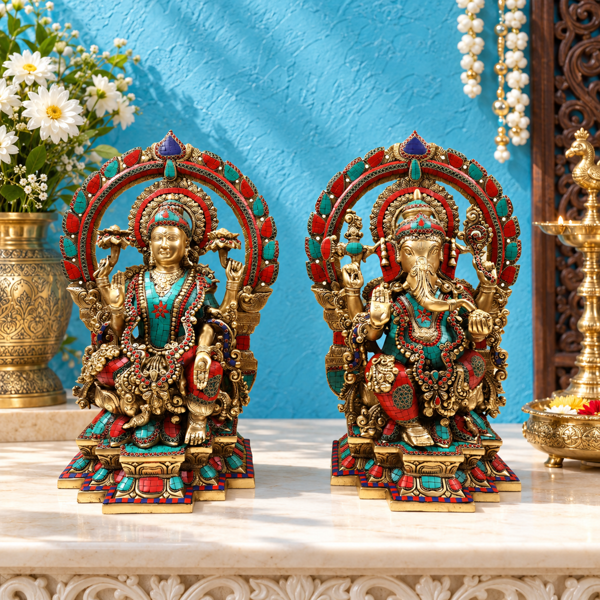 Brassaura® Grand Lakshmi Ganesha Idol Set with Multicolor Inlay Stonework, Carved Prabhavali Arch & Ornate Pedestal | Pure Superfine Brass Handcrafted Murti | Brass Statue for Home Temple, Pooja Room | Height 22 Inches | Weight 44 Kgs