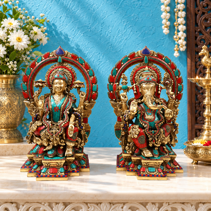 Brassaura® Grand Lakshmi Ganesha Idol Set with Multicolor Inlay Stonework, Carved Prabhavali Arch & Ornate Pedestal | Pure Superfine Brass Handcrafted Murti | Brass Statue for Home Temple, Pooja Room | Height 22 Inches | Weight 44 Kgs