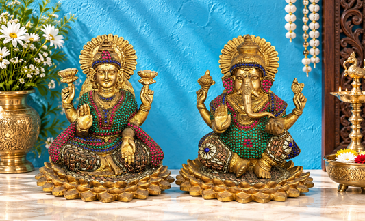 Brassaura® Lakshmi Ganesha Idol Set with Multicolor Inlay Stonework & Intricate Lotus Bases | Pure Superfine Brass Handcrafted Murti | Brass Statue for Home Temple, Pooja Room | Height 8 Inches | Weight 7 Kgs