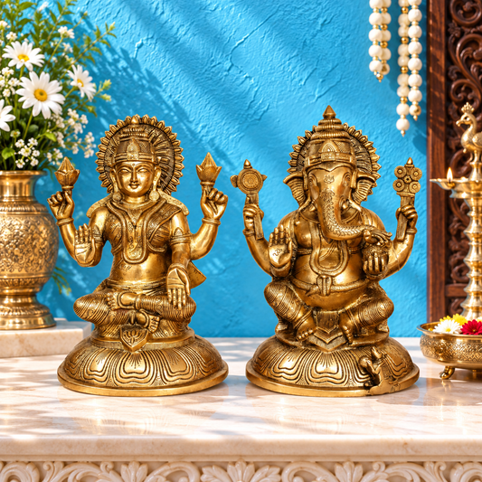 Brassaura® Lakshmi Ganesha Idol Set with Antique Brown & Gold Tone and Ornate Lotus Pedestals | Pure Superfine Brass Handcrafted Murti | Brass Statue for Home Temple, Pooja Room | Height 14 Inches | Weight 15.6 Kgs