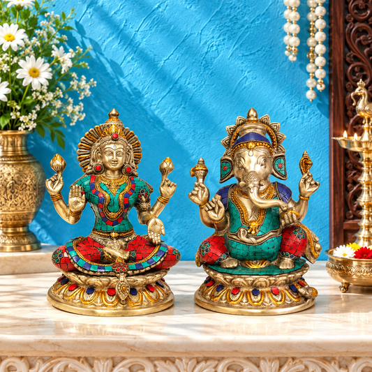 Brassaura® Lakshmi Ganesha Idol with Antique Brass Finish & Decorative Inlay Work | Pure Superfine Brass Handcrafted Murti | Brass Statue for Home Temple, Pooja Room | Height 9 Inches | Weight 7.36 Kgs