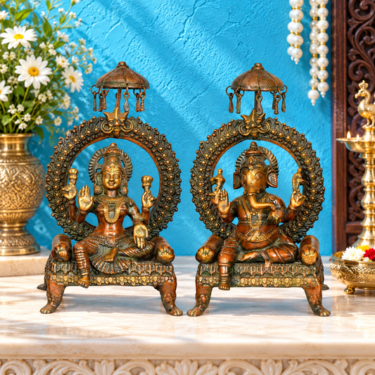 Brassaura® Lakshmi Ganesha Idol Set with Ornate Throne & Traditional Antique Finish | Pure Superfine Brass Handcrafted Murti | Brass Statue for Home Temple, Pooja Room | Height 8 Inches | Weight 16.6 Kgs