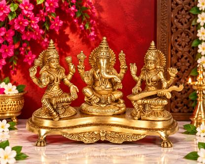 ब्रसौड़ा® लक्ष्मी गणेश सरस्वती तिकड़ी | पीतल की मूर्ति | ऊंचाई 6 इंच और वज़न 3 किलोग्राम