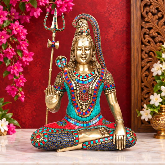 ब्रासौरा® ब्रास शिव प्रतिमा रत्न जड़ित –– ऊंचाई 20 इंच | पारंपरिक सजावट