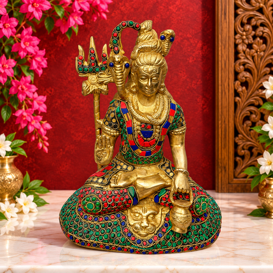 Brassaura® पीतल की शिव प्रतिमा रत्न जड़ित –– ऊंचाई 11.2 इंच | पारंपरिक सजावट