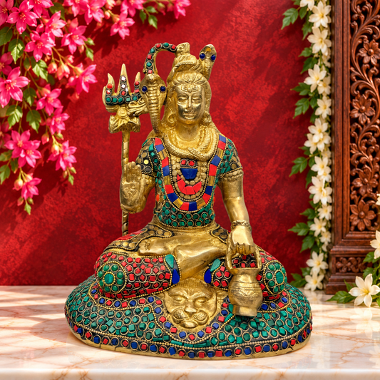 Brassaura® ब्रास जेम स्टोन वर्क शिव प्रतिमा – ऊंचाई 11.2 इंच | पूजा और उपहार के लिए