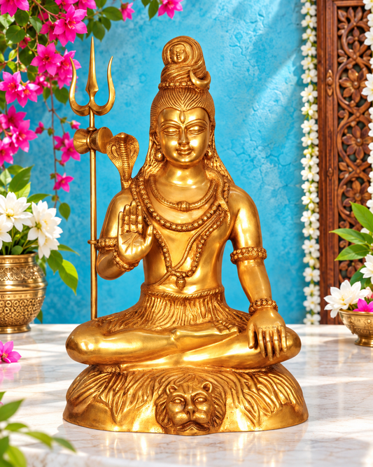 ब्रासुरिया® ब्लेसिंग शिवा ब्रास स्टैच्यू | गोल्डन फिनिश सिटिंग आइडल | ऊंचाई 34 इंच