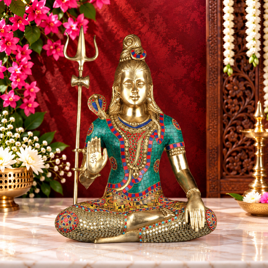 Brassaura® Brass Lord Shiva Sculpture with Gemstone Decoration & Intricate Handcrafted Detailing | Pure Superfine Brass Handcrafted Murti | Brass Statue for Home Temple, Pooja Room | Height 19 Inches | Weight 12.2 Kgs