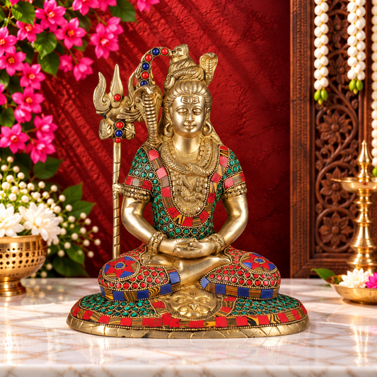 Brassaura® Brass Lord Shiva Statue with Vibrant Gemstone Decoration & Intricate Detailing | Pure Superfine Brass Handcrafted Murti | Brass Statue for Home Temple, Pooja Room | Height 10 Inches | Weight 4.3 Kgs