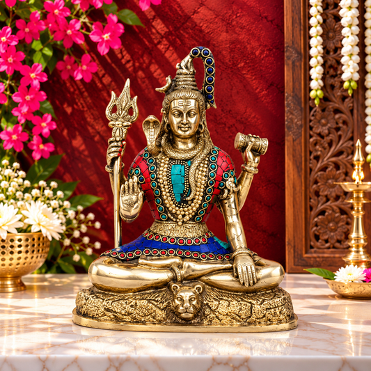 Brassaura® Brass Shiva Murti with Gemstone Accents & Intricate Traditional Detailing | Pure Superfine Brass Handcrafted Murti | Brass Statue for Home Temple, Pooja Room | Height 9 Inches | Weight 2.8 Kgs