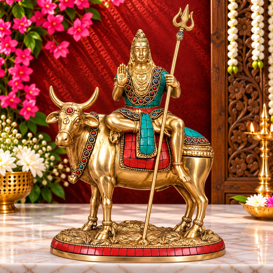Brassaura® Lord Shiva Sitting on Nandi Idol with Gemstone Detailing | Pure Superfine Brass Handcrafted Murti | Brass Statue for Home Temple, Pooja Room | Height 9 Inches | Weight 3.4 Kgs
