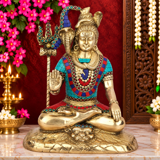 Brassaura® Brass Lord Shiva Sculpture with Intricate Gemstone Detailing | Pure Superfine Brass Handcrafted Murti | Brass Statue for Home Temple, Pooja Room | Height 11 Inches | Weight 4.4 Kgs