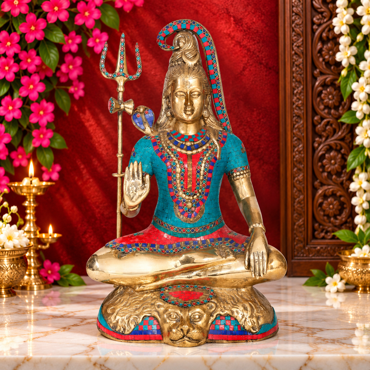 ब्रसौरा® ब्रास जेम स्टोन वर्क भगवान शिव मूर्ति – ऊंचाई 24 इंच | भक्तिपूर्ण गृह सज्जा