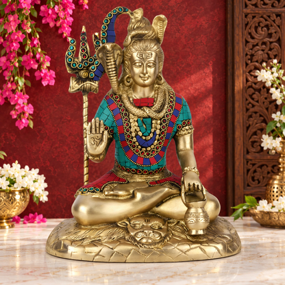 Brassaura® उत्कृष्ट पीतल रत्नकार्य शिव मूर्ति - ऊँचाई 10 इंच | हिंदू मंदिर प्रतिमा